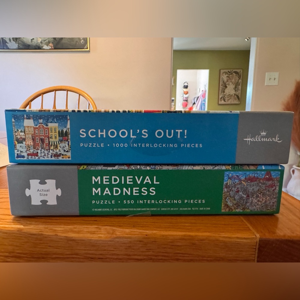 Hallmark Puzzles - School's Out! (Blue) & Medieval Madness (Green)